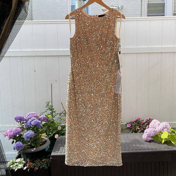 Mac Duggal - Silver Nude Sleeveless Sequined Midi Sheath Dress - Picture 4 of 15